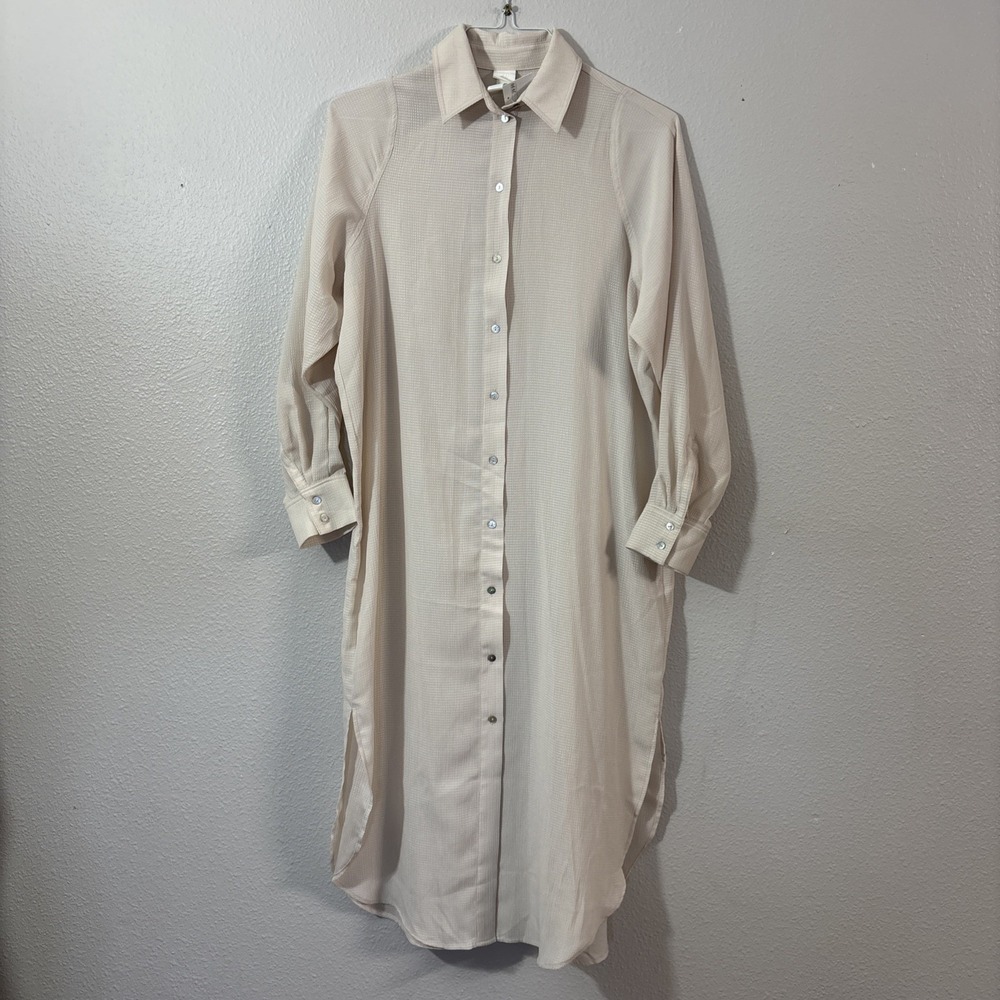 New H&M Shirt Dress Women's XS Cream Ribbed Midi Collared Long Sleeve Button